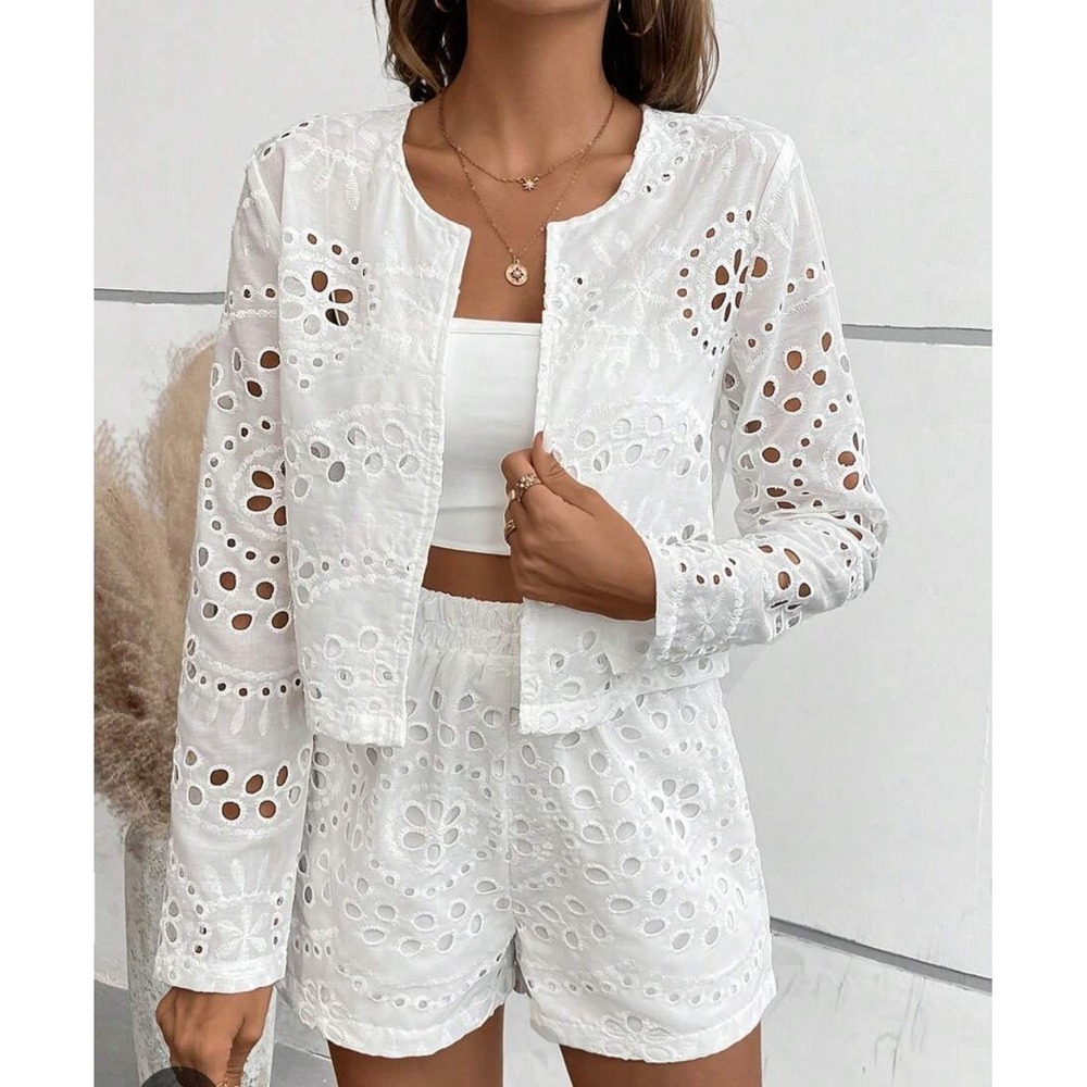 White Eyelet Lace 2 Piece Set Large Cropped Jacket Elastic‎ Shorts Fairy Whimsy